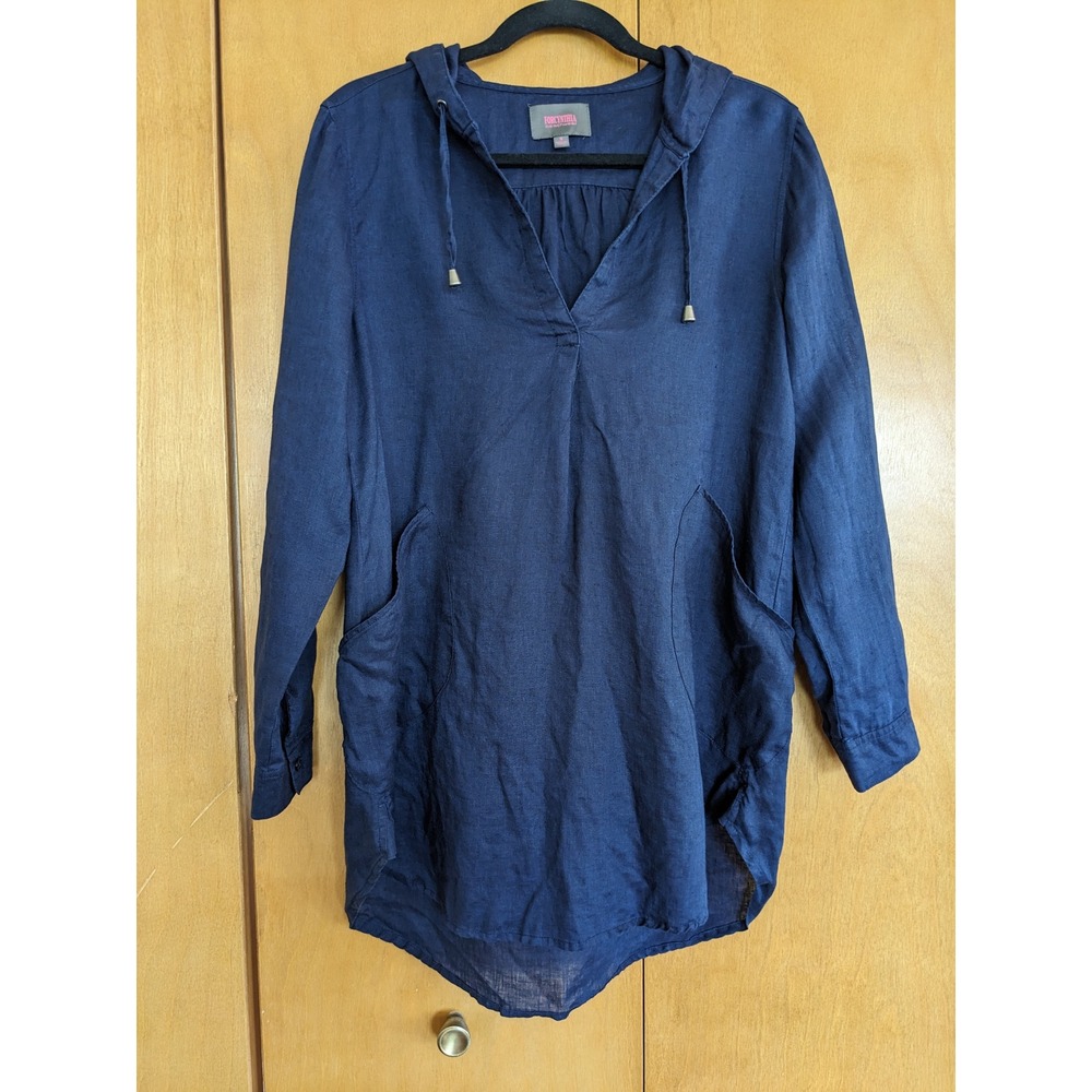 Forcynthia Beachwear Navy Blue 100% Linen Hooded Tunic Pullover Shirt Womens S